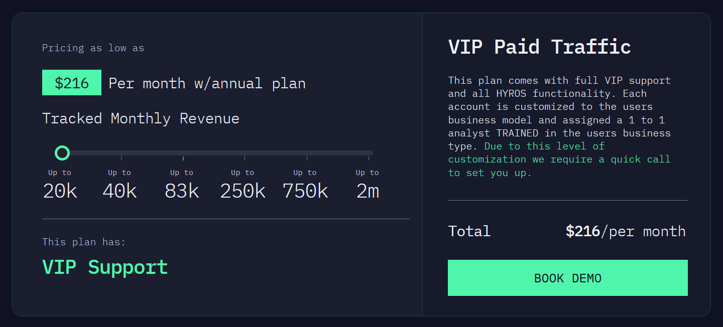 hyros pricing table, starter from 216 $ per month