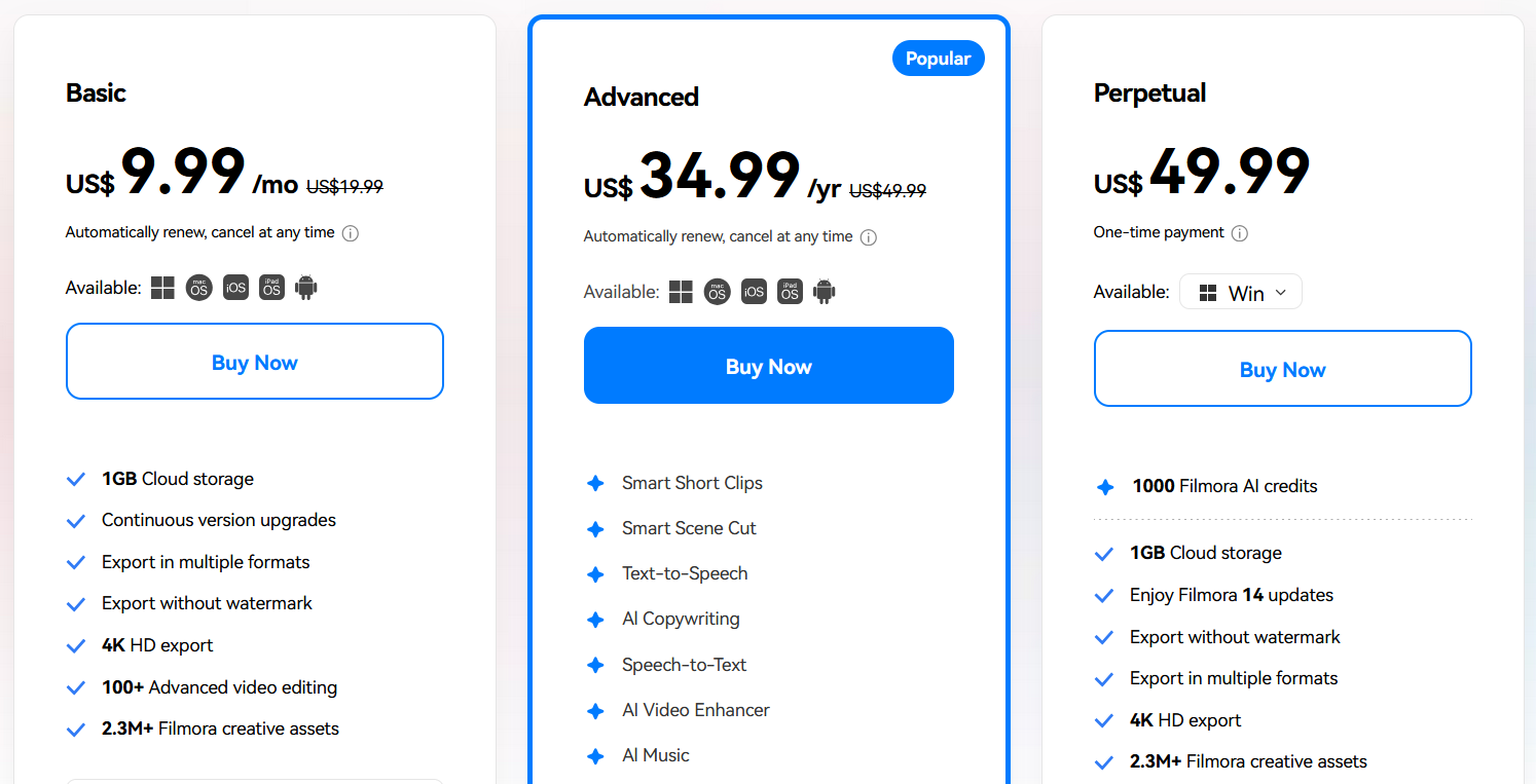 filmora pricing